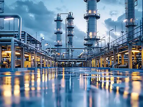 Chemical processing plant with distillation columns at dusk
